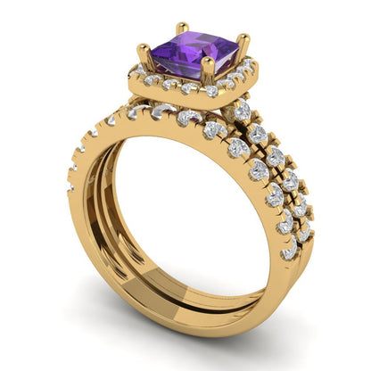 1.56 cttw Princess Cut Natural Amethyst Bridal Set - Solid Yellow Gold Engagement Ring & Wedding Band