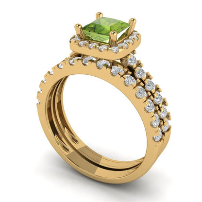 1.56 cttw Princess Cut Natural Peridot Bridal Set - Solid Yellow Gold Engagement Ring & Wedding Band