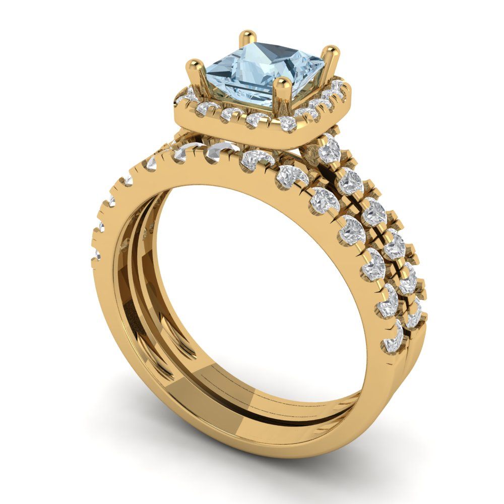 1.56 cttw Princess Cut Natural Sky Blue Topaz Bridal Set - Solid Yellow Gold Engagement Ring & Wedding Band