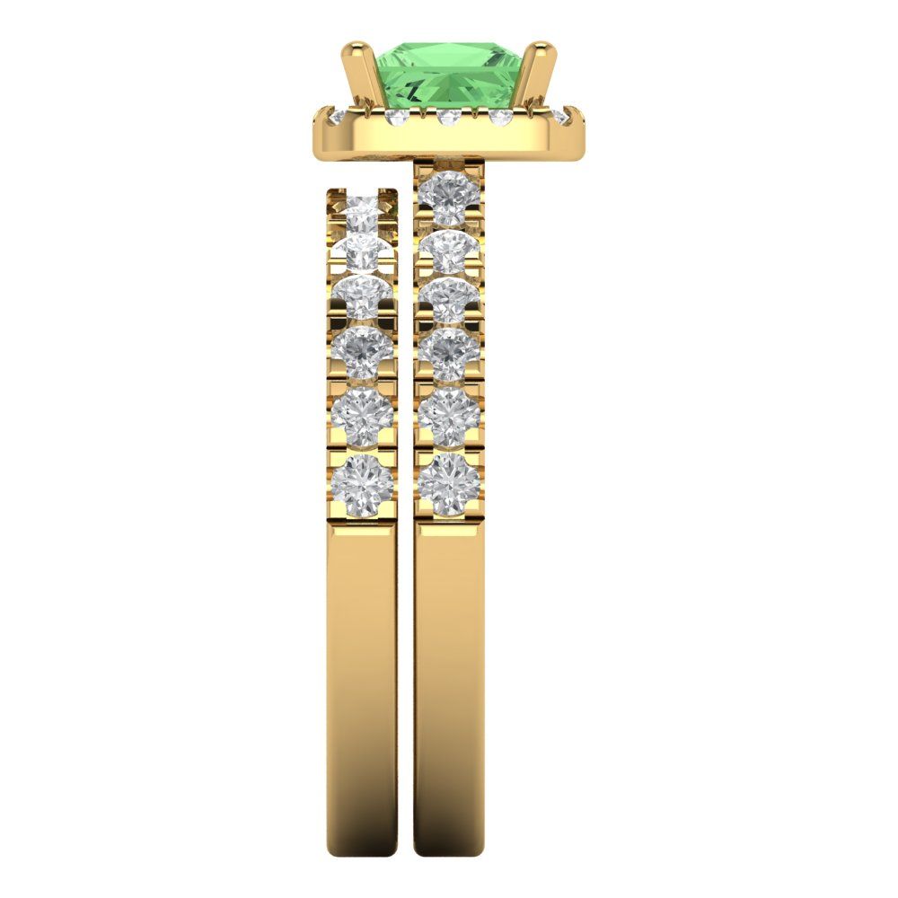 1.56 cttw Princess Cut Simulated Green Diamond Bridal Set - Solid Yellow Gold Engagement Ring & Wedding Band