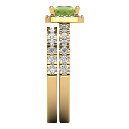 1.56 cttw Princess Cut Natural Peridot Bridal Set - Solid Yellow Gold Engagement Ring & Wedding Band
