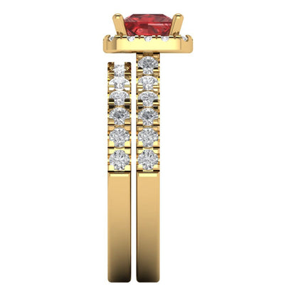 1.56 cttw Princess Cut Natural Garnet Bridal Set - Solid Yellow Gold Engagement Ring & Wedding Band