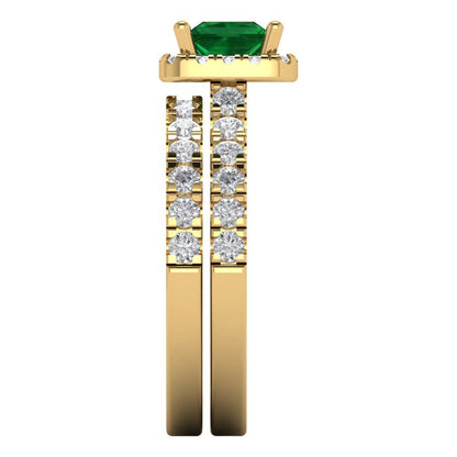 1.56 cttw Princess Cut Simulated Emerald Bridal Set - Solid Yellow Gold Engagement Ring & Wedding Band