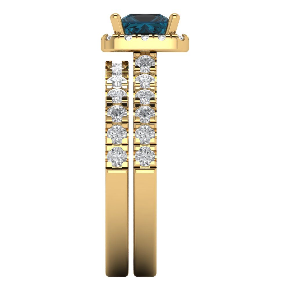 1.56 cttw Princess Cut Natural London Blue Topaz Bridal Set - Solid Yellow Gold Engagement Ring & Wedding Band