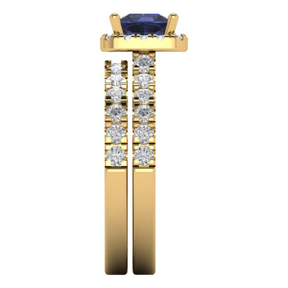 1.56 cttw Princess Cut Simulated Blue Sapphire Bridal Set - Solid Yellow Gold Engagement Ring & Wedding Band