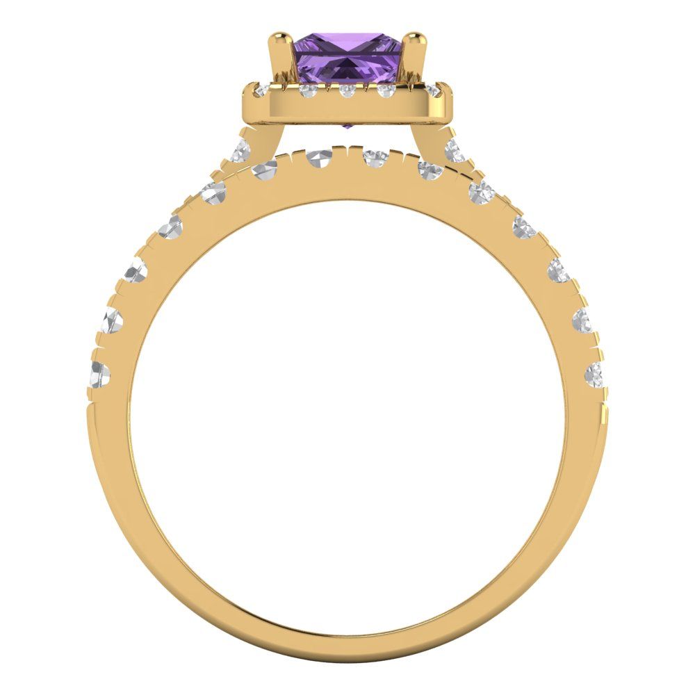 1.56 cttw Princess Cut Simulated Alexandrite Bridal Set - Solid Yellow Gold Engagement Ring & Wedding Band