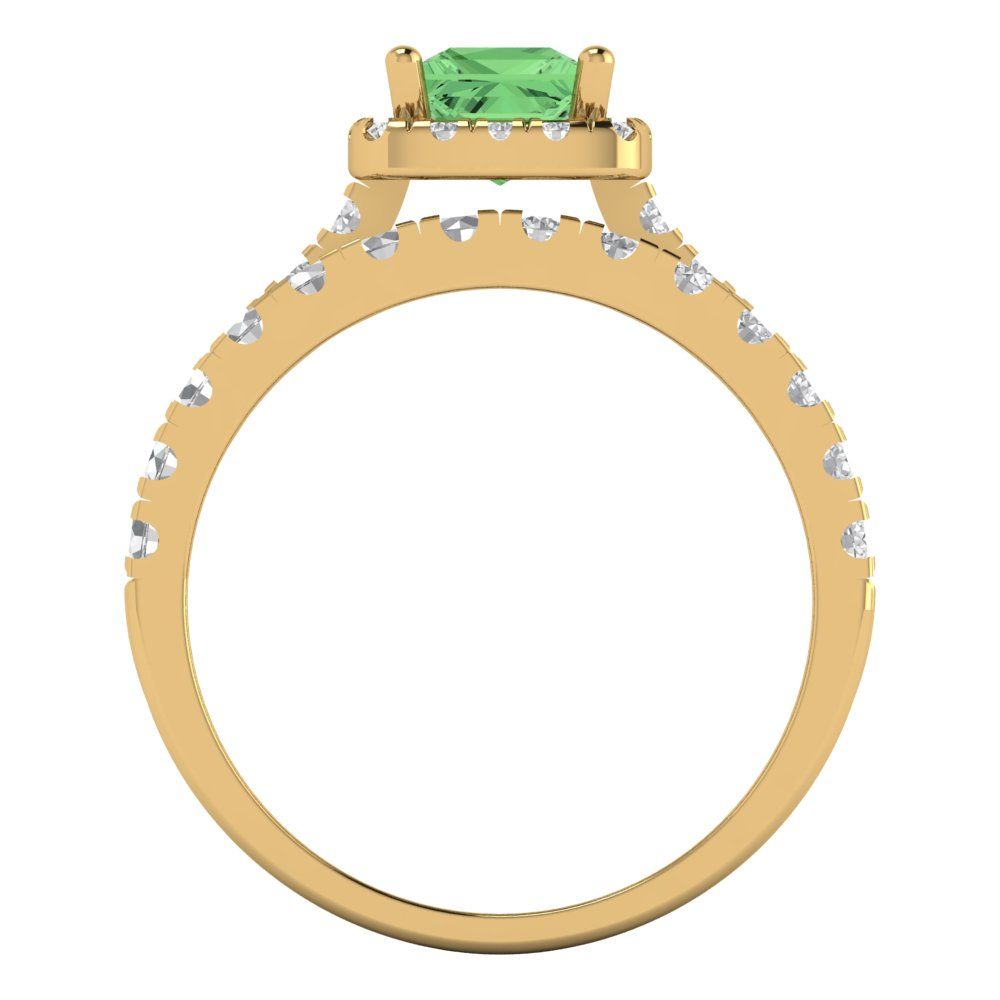 1.56 cttw Princess Cut Simulated Green Diamond Bridal Set - Solid Yellow Gold Engagement Ring & Wedding Band