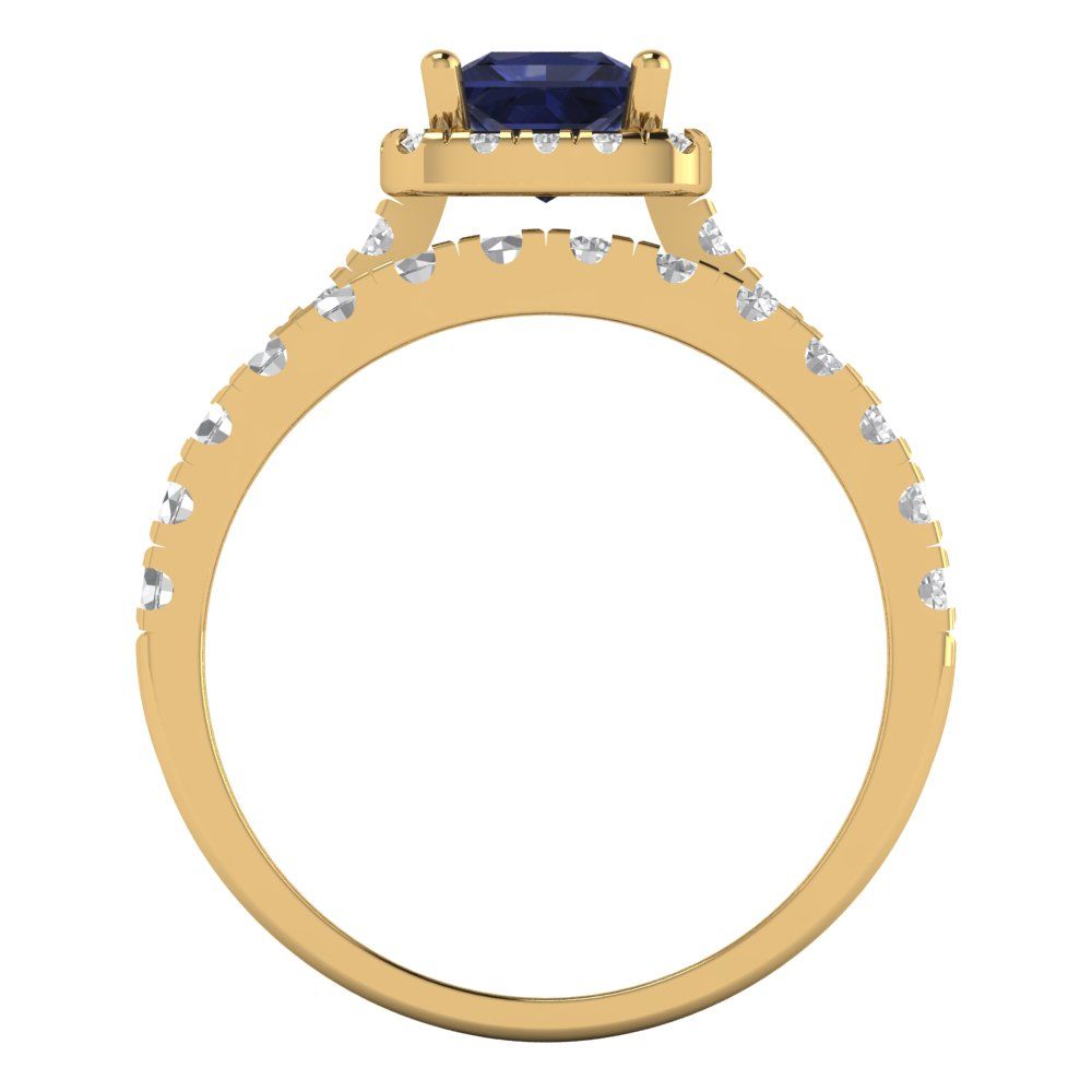 1.56 cttw Princess Cut Simulated Blue Sapphire Bridal Set - Solid Yellow Gold Engagement Ring & Wedding Band