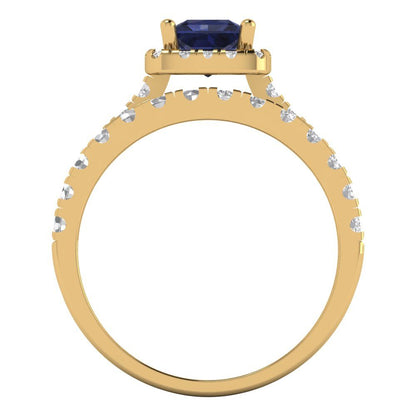 1.56 cttw Princess Cut Simulated Blue Sapphire Bridal Set - Solid Yellow Gold Engagement Ring & Wedding Band