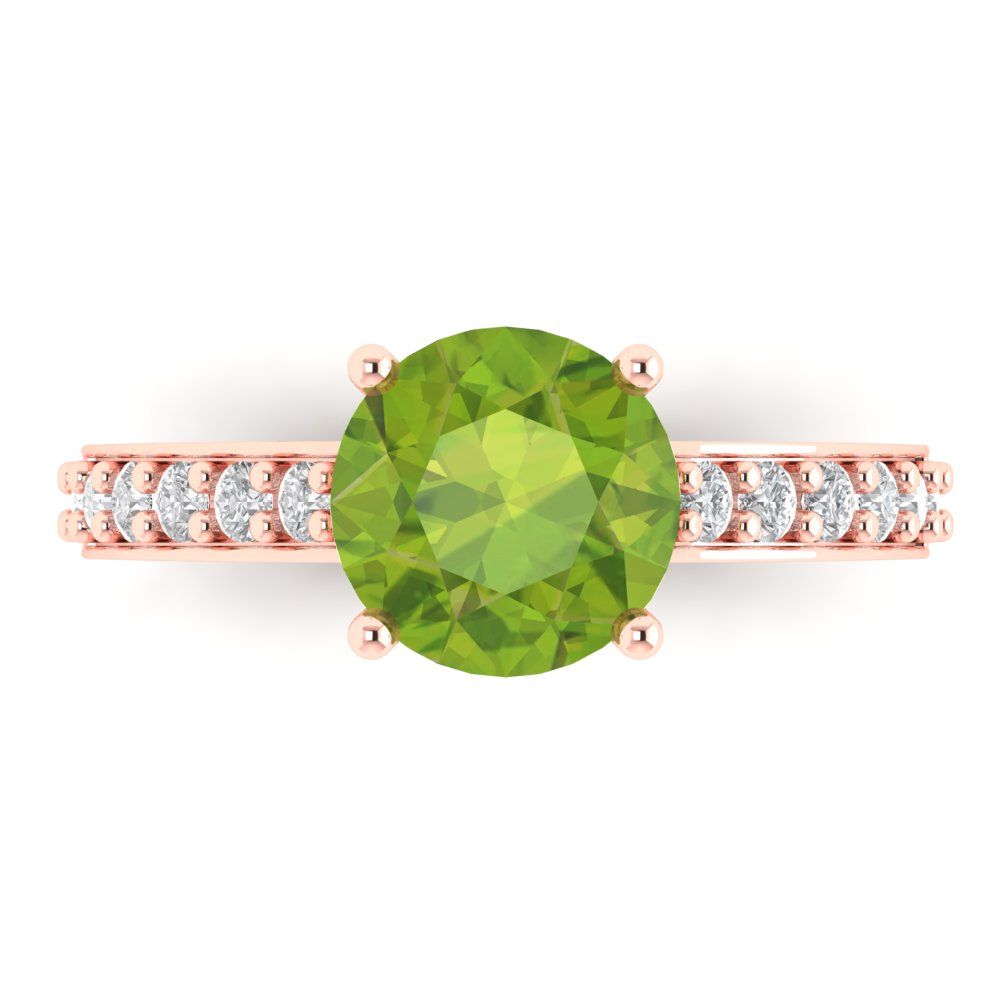 2.3 cttw Natural Peridot Solitaire with Zirconia Simulated Diamond Accents Engagement Ring - Solid Gold (Round Cut,8.0mm)