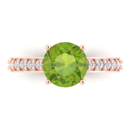 2.3 cttw Natural Peridot Solitaire with Zirconia Simulated Diamond Accents Engagement Ring - Solid Gold (Round Cut,8.0mm)