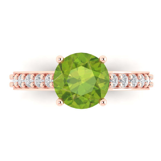 2.3 cttw Natural Peridot Solitaire with Zirconia Simulated Diamond Accents Engagement Ring - Solid Rose Gold (VVS1, Round Cut,8.0mm)