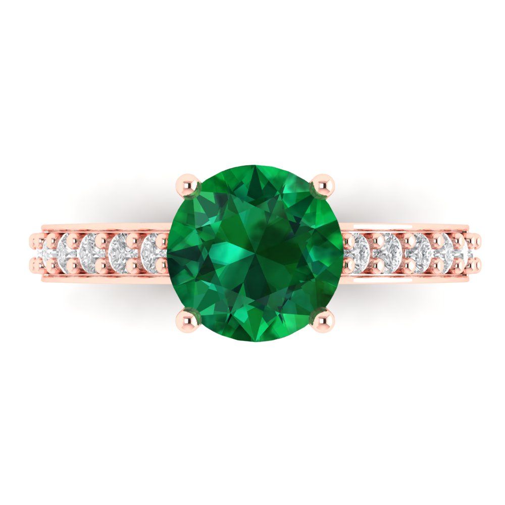 2.3 cttw Simulated Emerald Solitaire with Zirconia Simulated Diamond Accents Engagement Ring - Solid Gold (Round Cut,8.0mm)