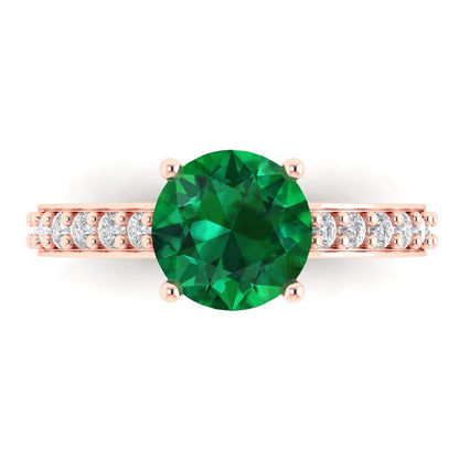 2.3 cttw Simulated Emerald Solitaire with Zirconia Simulated Diamond Accents Engagement Ring - Solid Gold (Round Cut,8.0mm)