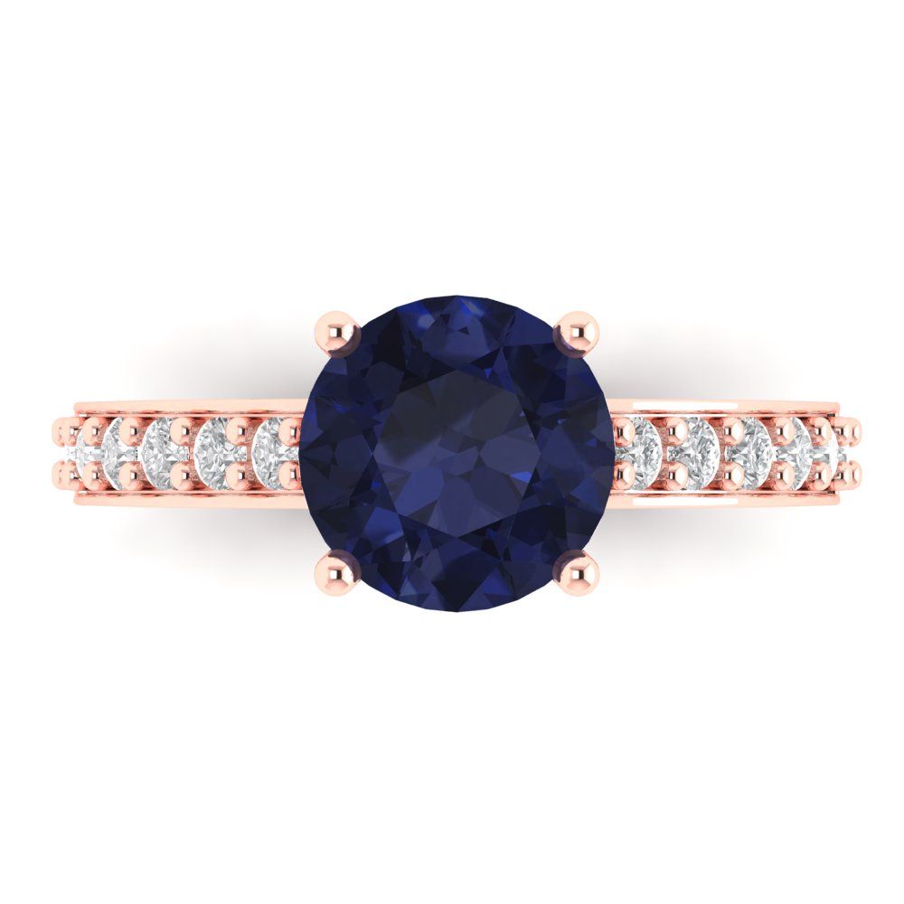 2.3 cttw Simulated Blue Sapphire Solitaire with Zirconia Simulated Diamond Accents Engagement Ring - Solid Gold (Round Cut,8.0mm)