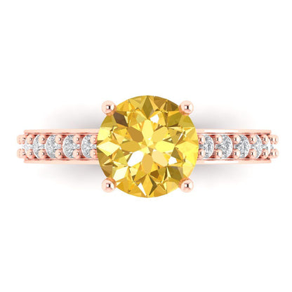 2.3 cttw Natural Citrine Solitaire with Zirconia Simulated Diamond Accents Engagement Ring - Solid Gold (Round Cut,8.0mm)