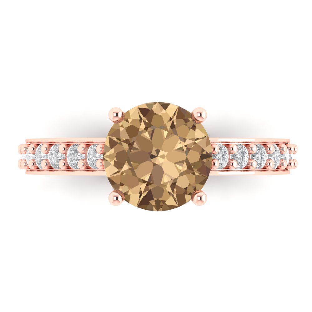 2.3 cttw Zirconia Simulated Champagne Diamond Solitaire with Zirconia Simulated Diamond Accents Engagement Ring - Solid Gold (VVS1, Round Cut,8.0mm)