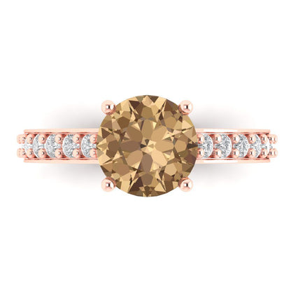 2.3 cttw Zirconia Simulated Champagne Diamond Solitaire with Zirconia Simulated Diamond Accents Engagement Ring - Solid Gold (VVS1, Round Cut,8.0mm)
