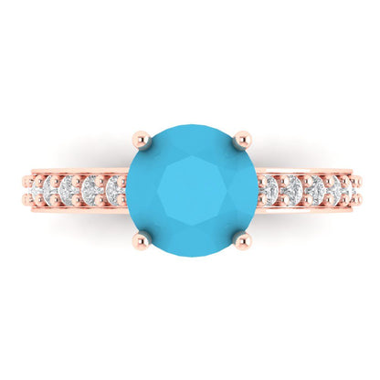 2.3 cttw Simulated Turquoise Solitaire with Zirconia Simulated Diamond Accents Engagement Ring - Solid Gold (Round Cut,8.0mm)