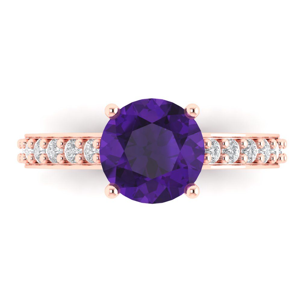 2.3 cttw Natural Amethyst Solitaire with Zirconia Simulated Diamond Accents Engagement Ring - Solid Gold (Round Cut,8.0mm)