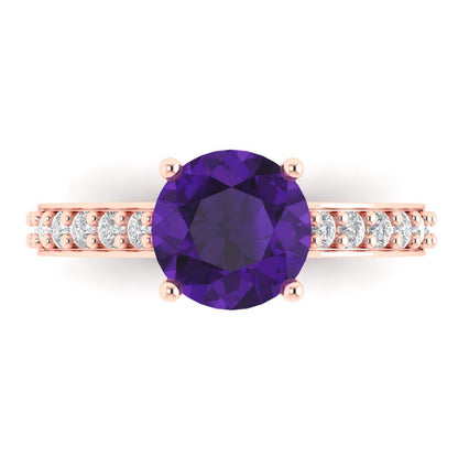 2.3 cttw Natural Amethyst Solitaire with Zirconia Simulated Diamond Accents Engagement Ring - Solid Gold (Round Cut,8.0mm)