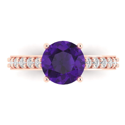 2.3 cttw Natural Amethyst Solitaire with Zirconia Simulated Diamond Accents Engagement Ring - Solid Rose Gold (VVS1, Round Cut,8.0mm)