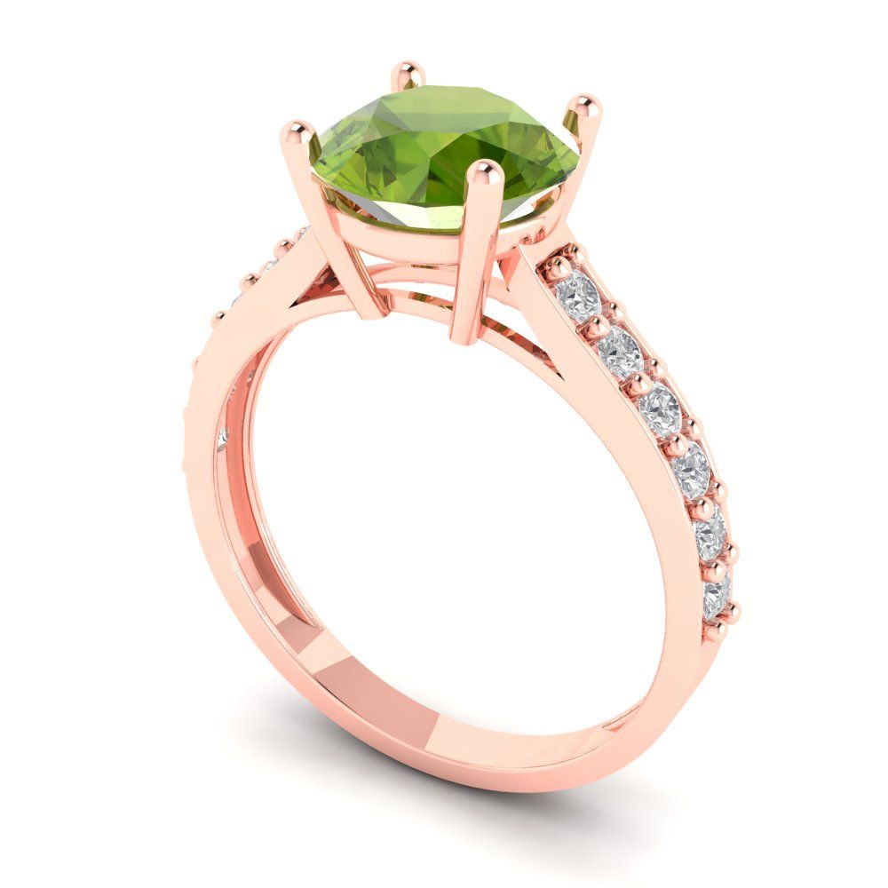 2.3 cttw Natural Peridot Solitaire with Zirconia Simulated Diamond Accents Engagement Ring - Solid Gold (Round Cut,8.0mm)