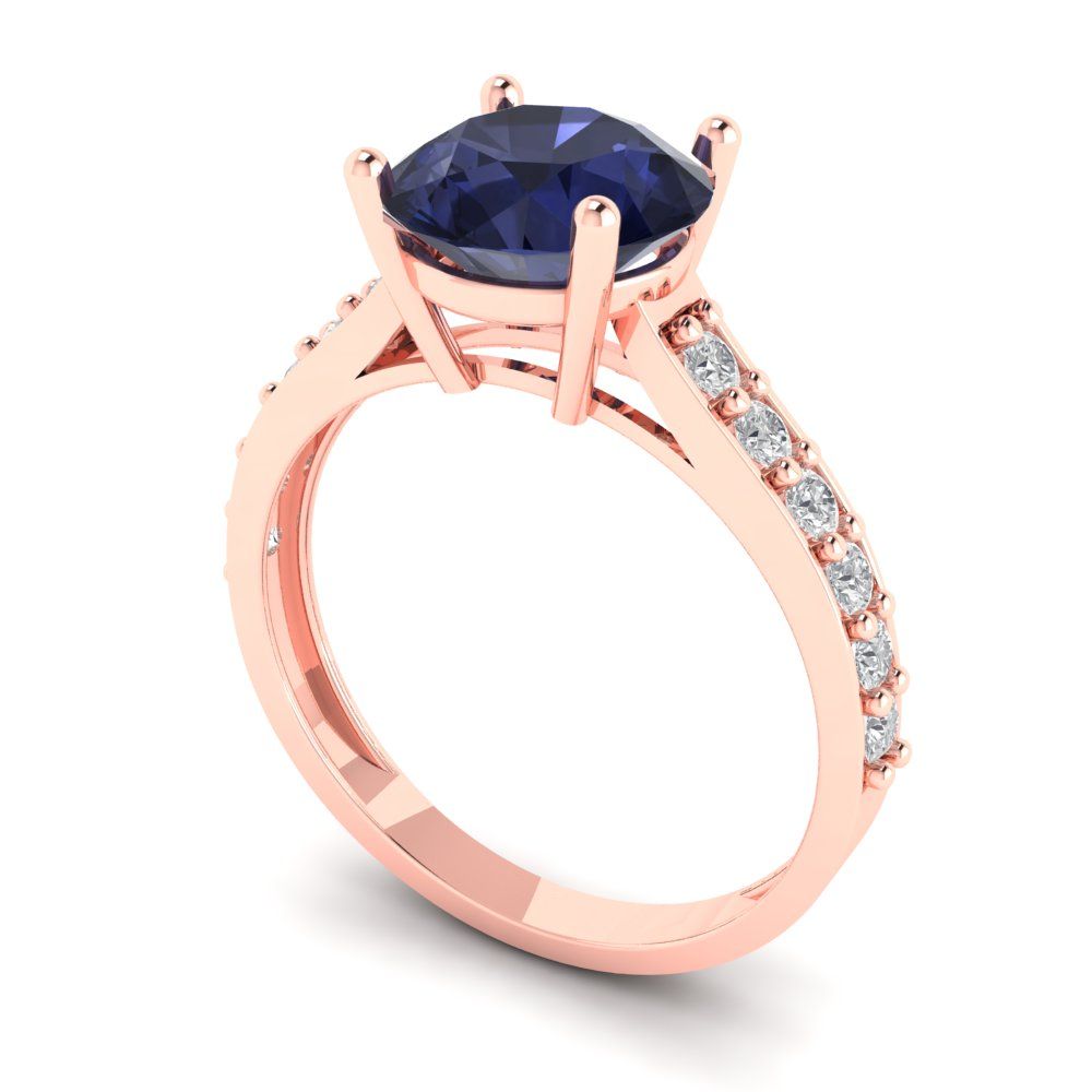 2.3 cttw Simulated Blue Sapphire Solitaire with Zirconia Simulated Diamond Accents Engagement Ring - Solid Gold (Round Cut,8.0mm)