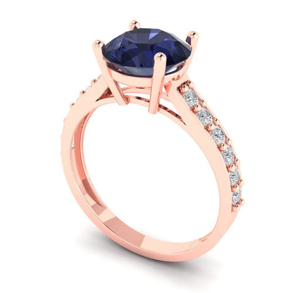 2.3 cttw Simulated Blue Sapphire Solitaire with Zirconia Simulated Diamond Accents Engagement Ring - Solid Gold (Round Cut,8.0mm)