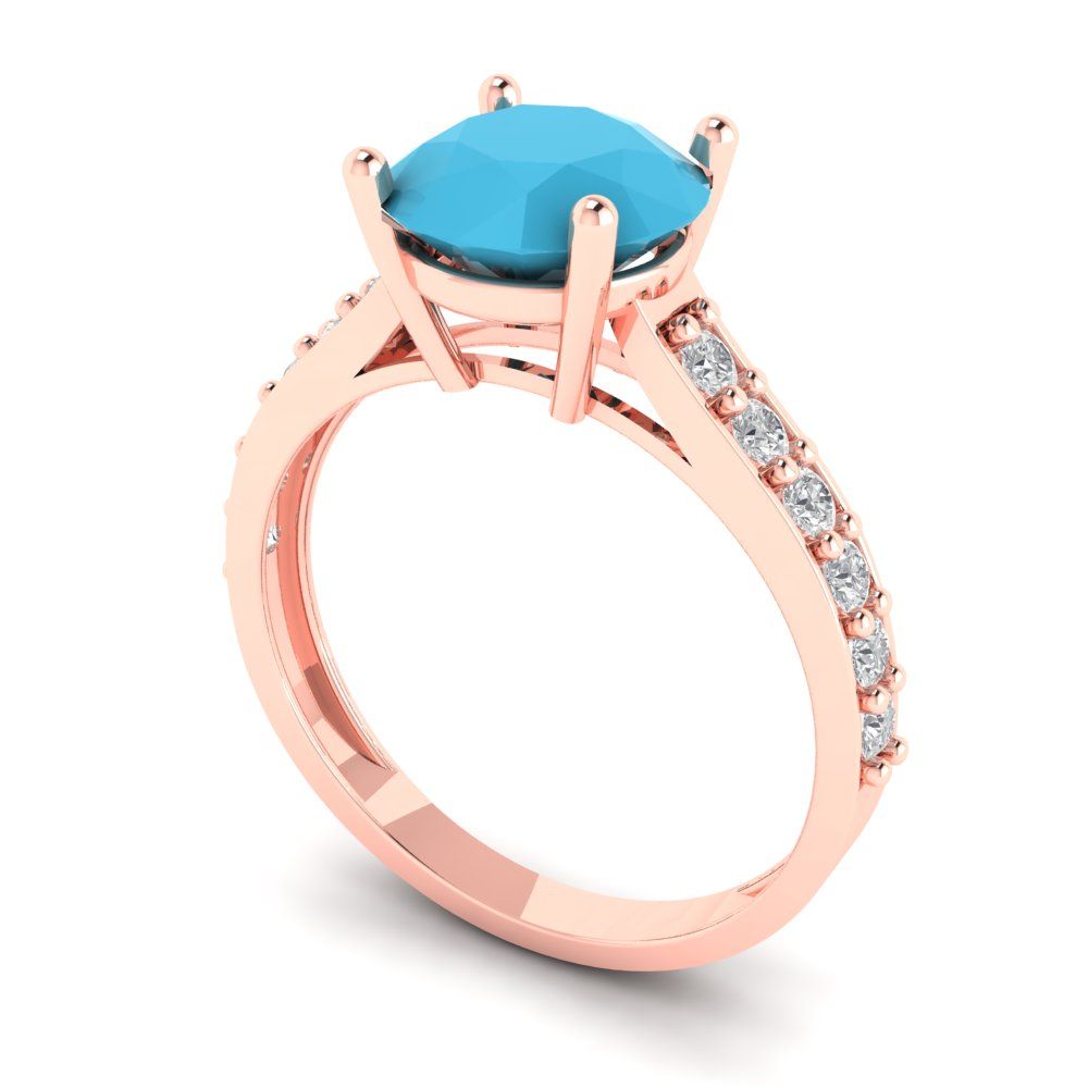 2.3 cttw Simulated Turquoise Solitaire with Zirconia Simulated Diamond Accents Engagement Ring - Solid Gold (Round Cut,8.0mm)