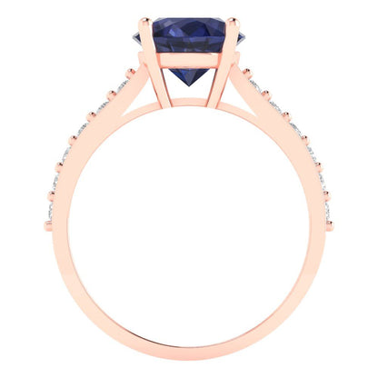 2.3 cttw Simulated Blue Sapphire Solitaire with Zirconia Simulated Diamond Accents Engagement Ring - Solid Gold (Round Cut,8.0mm)