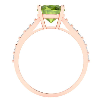 2.3 cttw Natural Peridot Solitaire with Zirconia Simulated Diamond Accents Engagement Ring - Solid Gold (Round Cut,8.0mm)