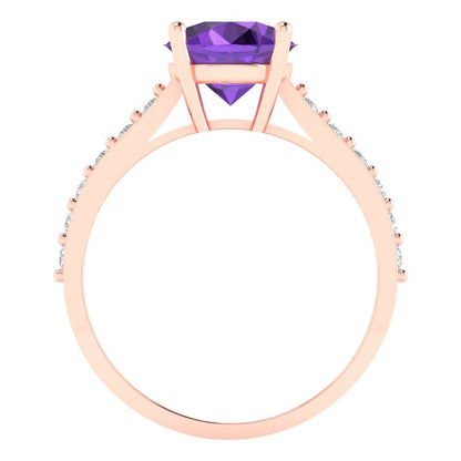 2.3 cttw Natural Amethyst Solitaire with Zirconia Simulated Diamond Accents Engagement Ring - Solid Gold (Round Cut,8.0mm)