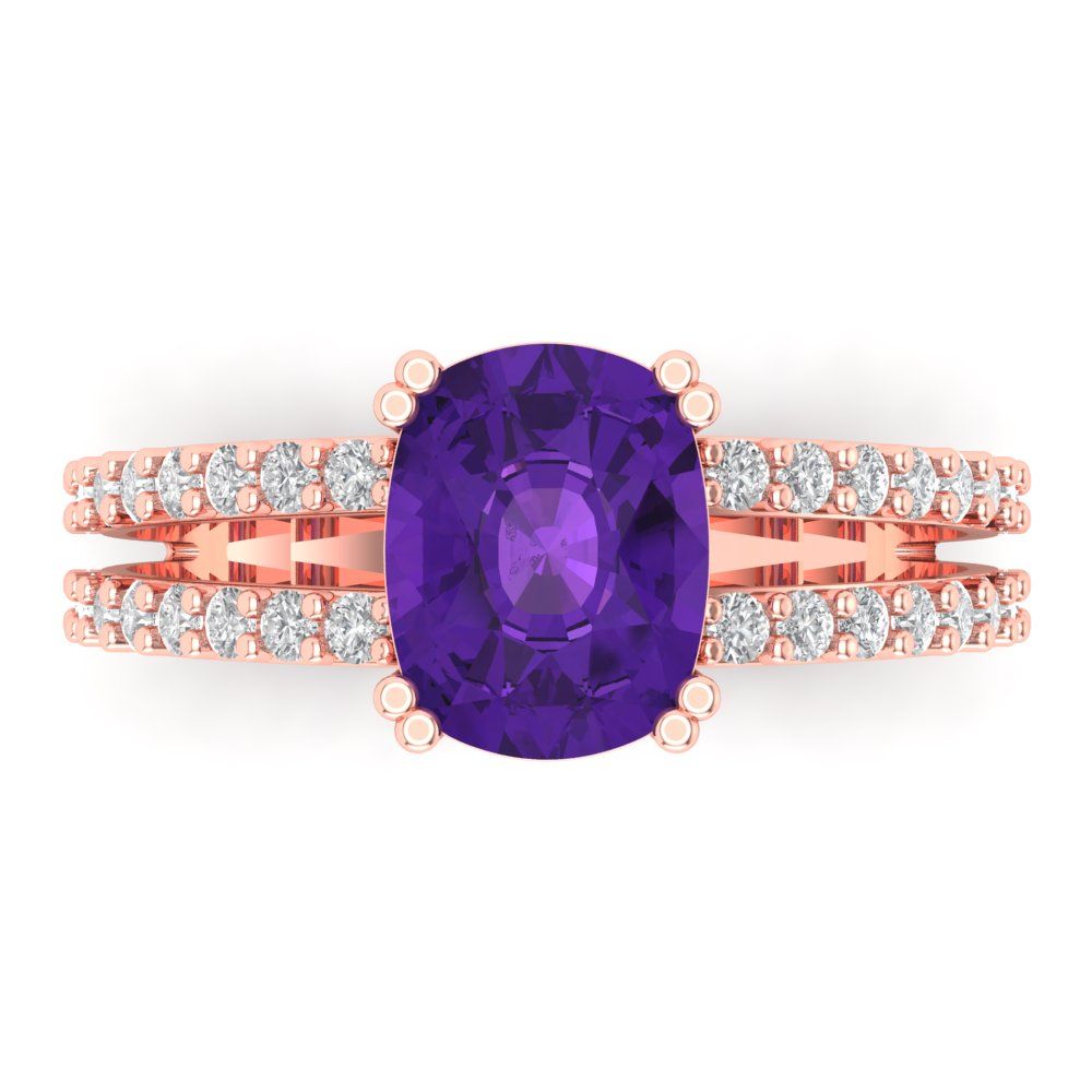 3.48 cttw Natural Amethyst Solitaire with Zirconia Simulated Diamond Accents Engagement Ring - Solid Gold (Long Cushion Cut,9x7mm)