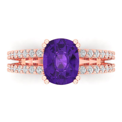 3.48 cttw Natural Amethyst Solitaire with Zirconia Simulated Diamond Accents Engagement Ring - Solid Gold (Long Cushion Cut,9x7mm)