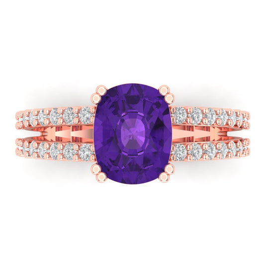 3.48 cttw Natural Amethyst Solitaire with Zirconia Simulated Diamond Accents Engagement Ring - Solid Rose Gold (VVS1, Long Cushion Cut,9x7mm)