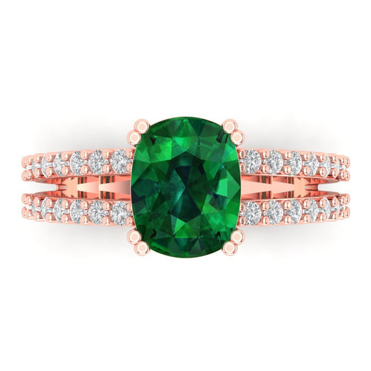 3.48 cttw Simulated Emerald Solitaire with Zirconia Simulated Diamond Accents Engagement Ring - Solid Rose Gold (VVS1, Long Cushion Cut,9x7mm)