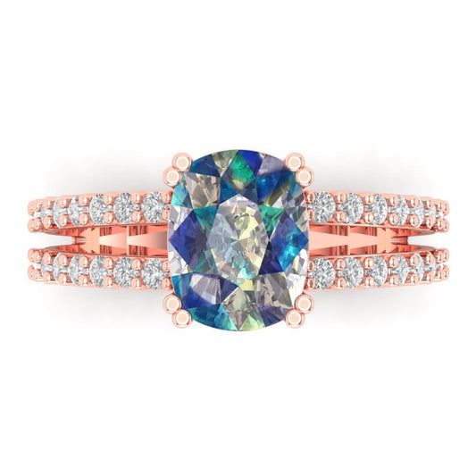 3.48 cttw Blue Moissanite Solitaire with Zirconia Simulated Diamond Accents Engagement Ring - Solid Rose Gold (VVS1, Long Cushion Cut,9x7mm)