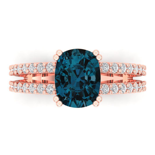 3.48 cttw Natural London Blue Topaz Solitaire with Zirconia Simulated Diamond Accents Engagement Ring - Solid Rose Gold (VVS1, Long Cushion Cut,9x7mm)