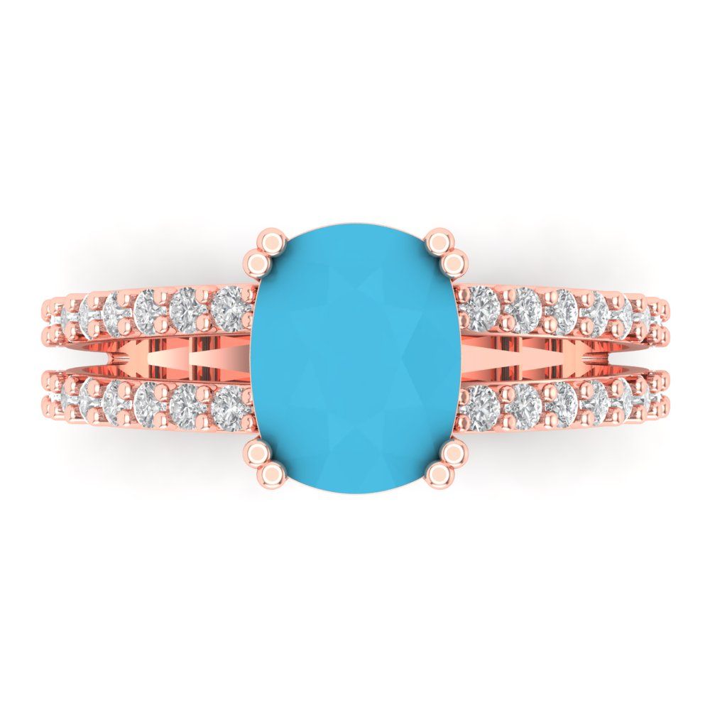 3.48 cttw Simulated Turquoise Solitaire with Zirconia Simulated Diamond Accents Engagement Ring - Solid Gold (Long Cushion Cut,9x7mm)