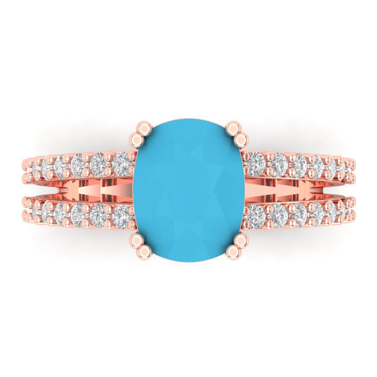 3.48 cttw Simulated Turquoise Solitaire with Zirconia Simulated Diamond Accents Engagement Ring - Solid Rose Gold (VVS1, Long Cushion Cut,9x7mm)