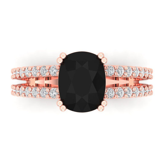 3.48 cttw Natural Onyx Solitaire with Zirconia Simulated Diamond Accents Engagement Ring - Solid Rose Gold (VVS1, Long Cushion Cut,9x7mm)