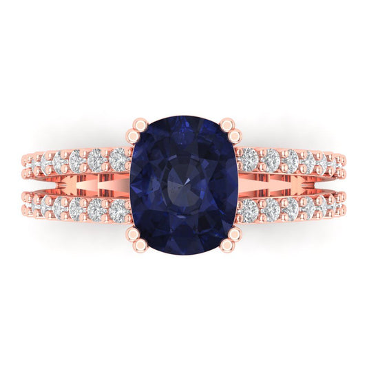 3.48 cttw Simulated Blue Sapphire Solitaire with Zirconia Simulated Diamond Accents Engagement Ring - Solid Rose Gold (VVS1, Long Cushion Cut,9x7mm)