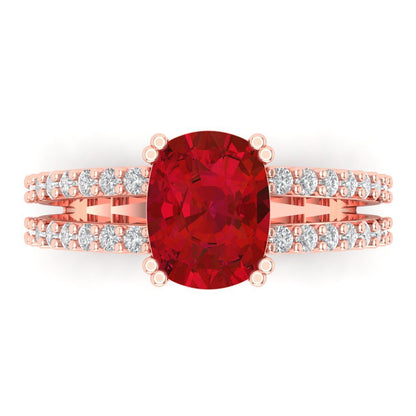 3.48 cttw Simulated Pink Tourmaline Solitaire with Zirconia Simulated Diamond Accents Engagement Ring - Solid Gold (Long Cushion Cut,9x7mm)