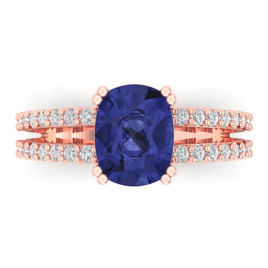 3.48 cttw Simulated Tanzanite Solitaire with Zirconia Simulated Diamond Accents Engagement Ring - Solid Rose Gold (VVS1, Long Cushion Cut,9x7mm)