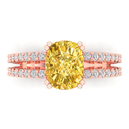 3.96 ct Brilliant Cushion Cut Yellow Simulated Diamond Rose Gold Solitaire with Accents Engagement Ring
