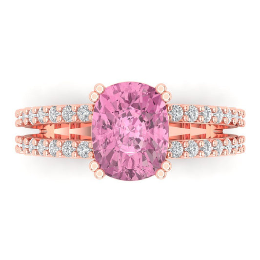 3.48 cttw Zirconia Simulated Pink Diamond Solitaire with Zirconia Simulated Diamond Accents Engagement Ring - Solid Rose Gold (VVS1, Long Cushion Cut,9x7mm)