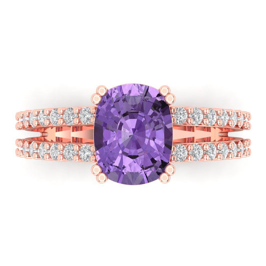 3.48 cttw Simulated Alexandrite Solitaire with Zirconia Simulated Diamond Accents Engagement Ring - Solid Rose Gold (VVS1, Long Cushion Cut,9x7mm)