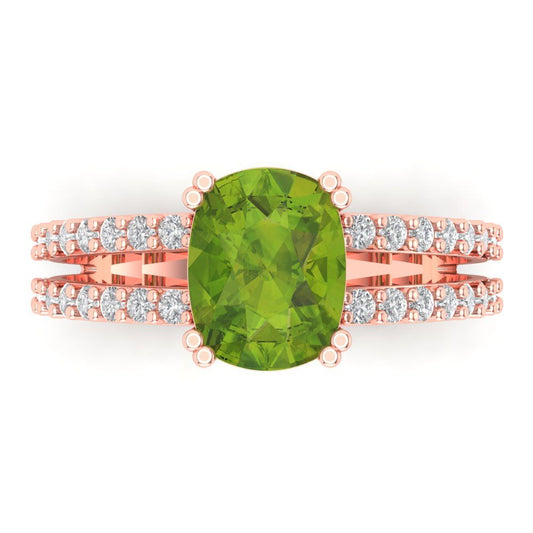 3.48 cttw Natural Peridot Solitaire with Zirconia Simulated Diamond Accents Engagement Ring - Solid Rose Gold (VVS1, Long Cushion Cut,9x7mm)