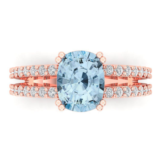 3.48 cttw Natural Aquamarine Solitaire with Zirconia Simulated Diamond Accents Engagement Ring - Solid Rose Gold (VVS1, Long Cushion Cut,9x7mm)